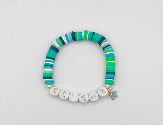 Green/Blue/White Heishi Bead Bracelet with Name