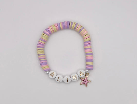 Pink/Beige/Purple Heishi Bead Bracelet with Name