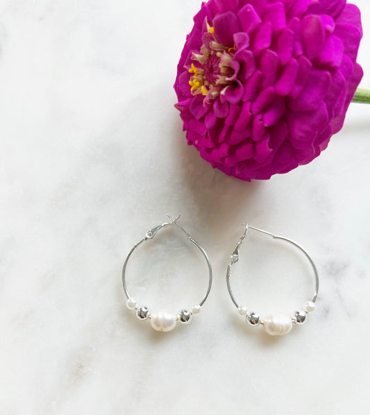 Silver and pearls hoops